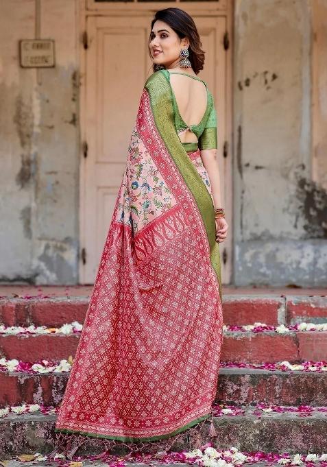 Pink Floral Tussar Saree Set