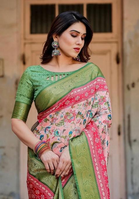 Pink Floral Tussar Saree Set