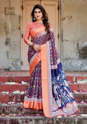 Blue Floral Tussar Saree Set
