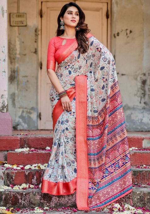 Ivory Floral Tussar Saree Set