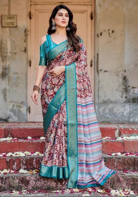 Maroon Floral Tussar Saree Set
