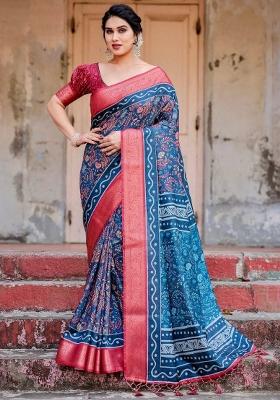 Blue Floral Tussar Saree Set