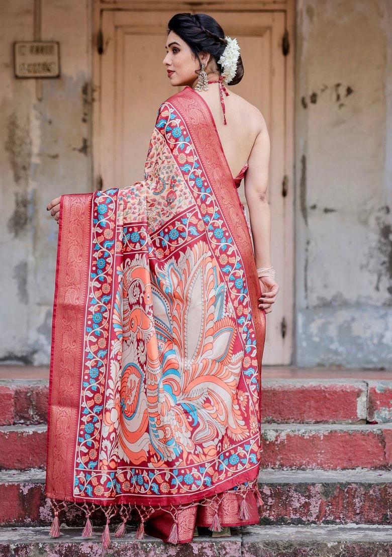 Beige Floral Tussar Saree Set