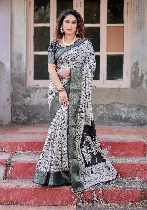White Floral Tussar Saree Set