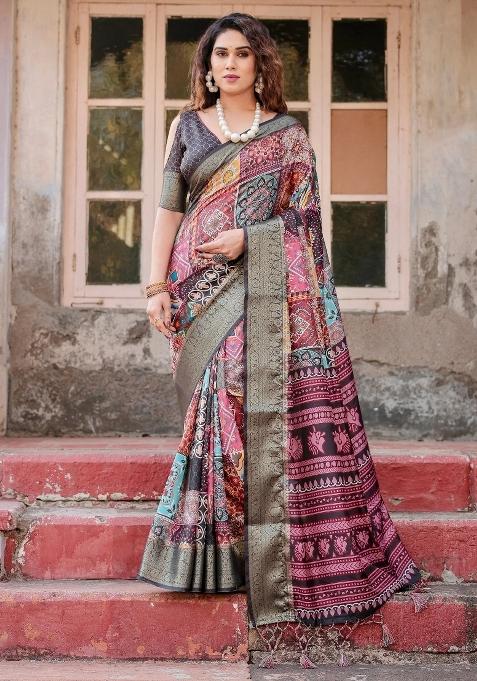 Multicolor Floral Tussar Saree Set