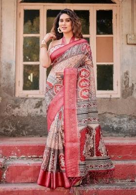 Beige Floral Tussar Saree Set