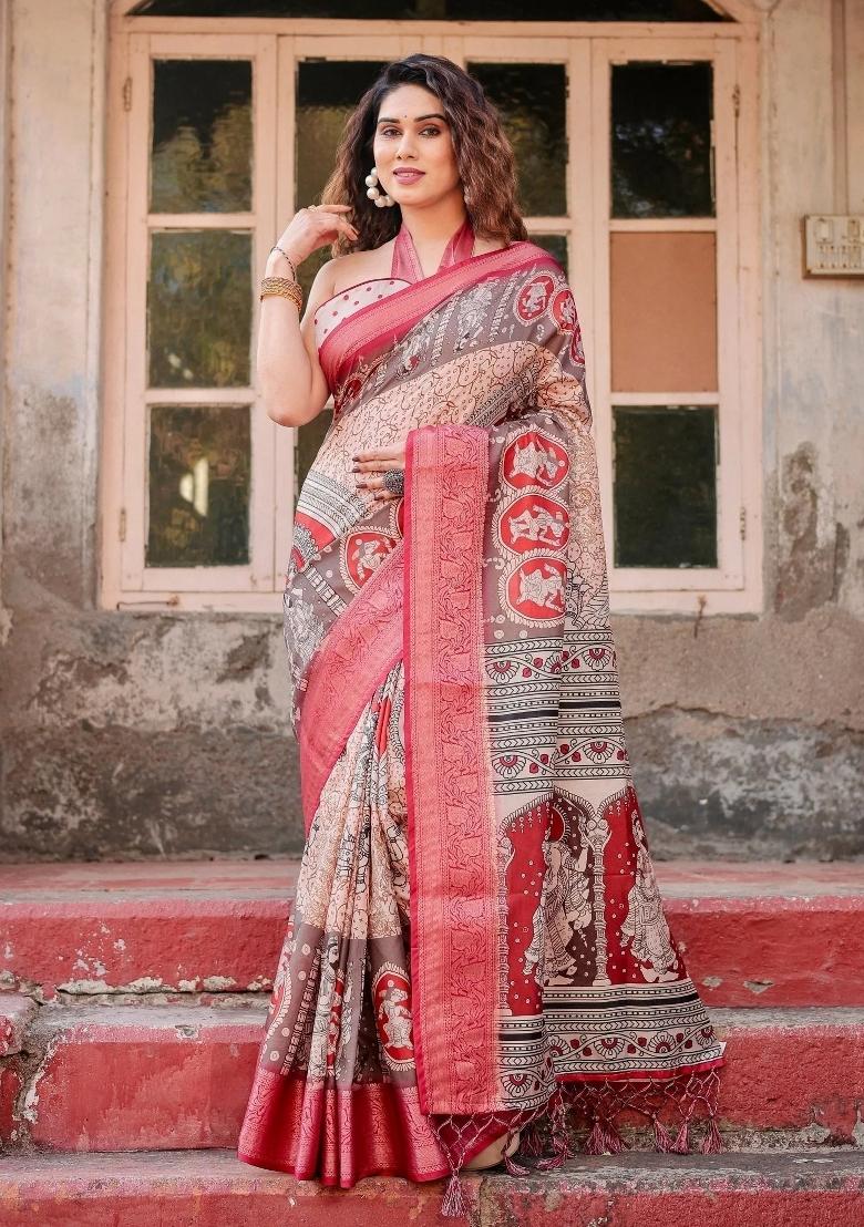 Beige Floral Tussar Saree Set