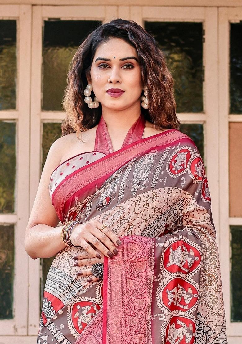 Beige Floral Tussar Saree Set