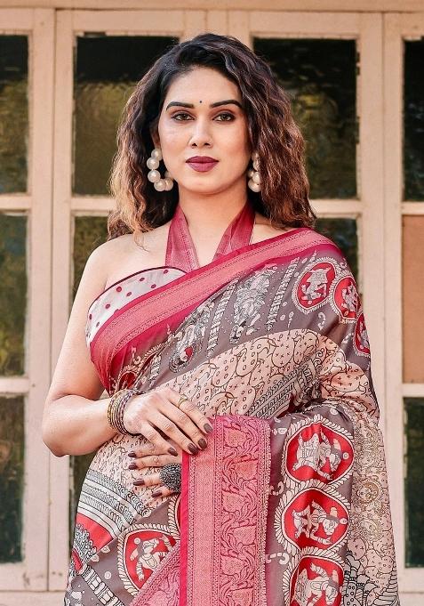 Beige Floral Tussar Saree Set