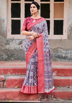 White Floral Tussar Saree Set