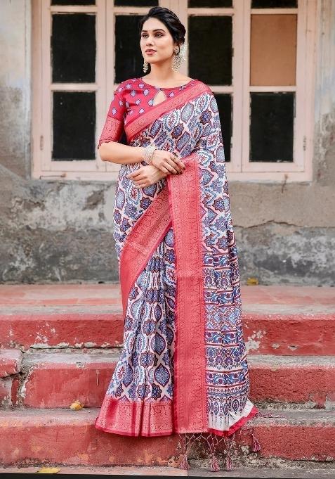 White Floral Tussar Saree Set