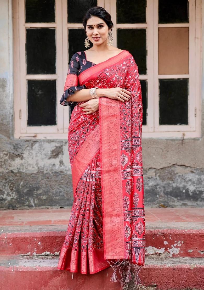 Red Floral Tussar Saree Set