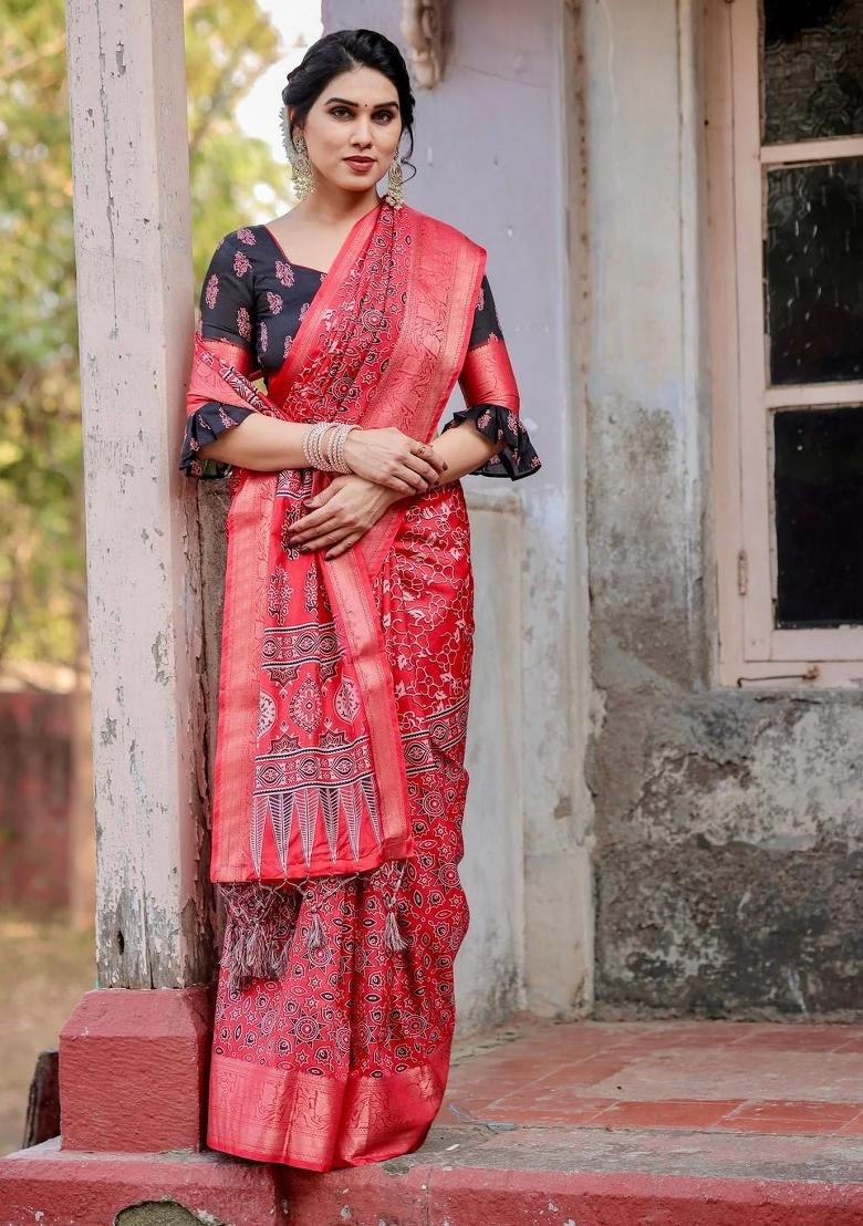 Red Floral Tussar Saree Set