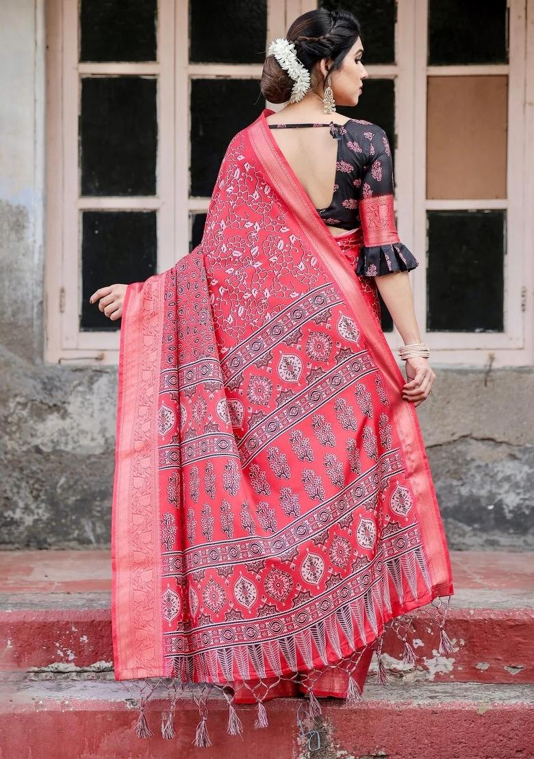 Red Floral Tussar Saree Set