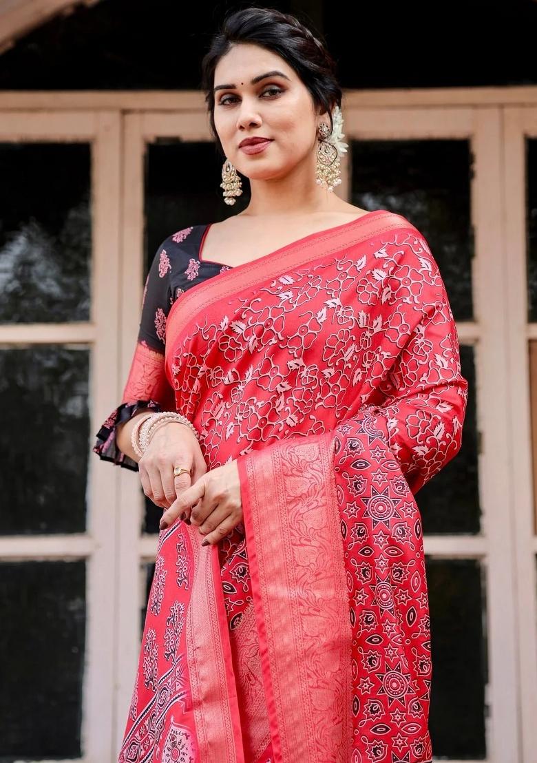 Red Floral Tussar Saree Set