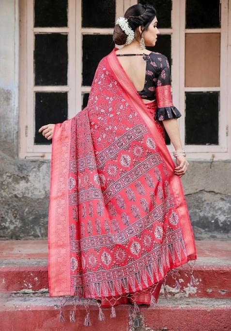 Red Floral Tussar Saree Set