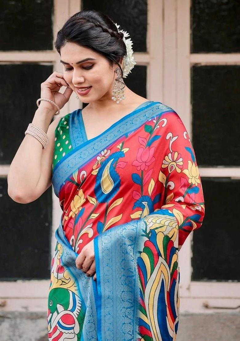 Multicolor Floral Tussar Saree Set