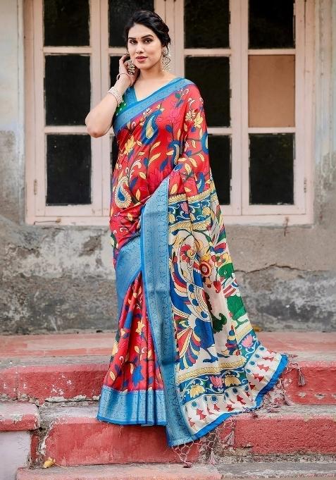 Multicolor Floral Tussar Saree Set