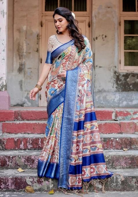 Multicolor Floral Tussar Saree Set