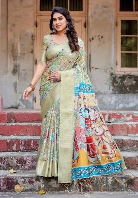 Green Floral Tussar Saree Set