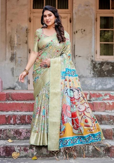 Green Floral Tussar Saree Set