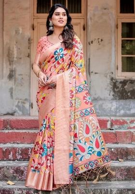 Peach Floral Tussar Saree Set