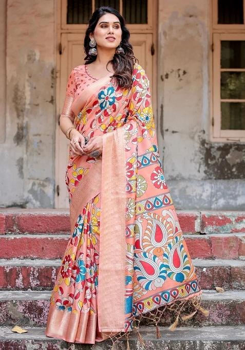 Peach Floral Tussar Saree Set
