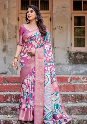 Pink Floral Tussar Saree Set