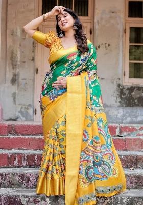 Yellow Floral Tussar Saree Set
