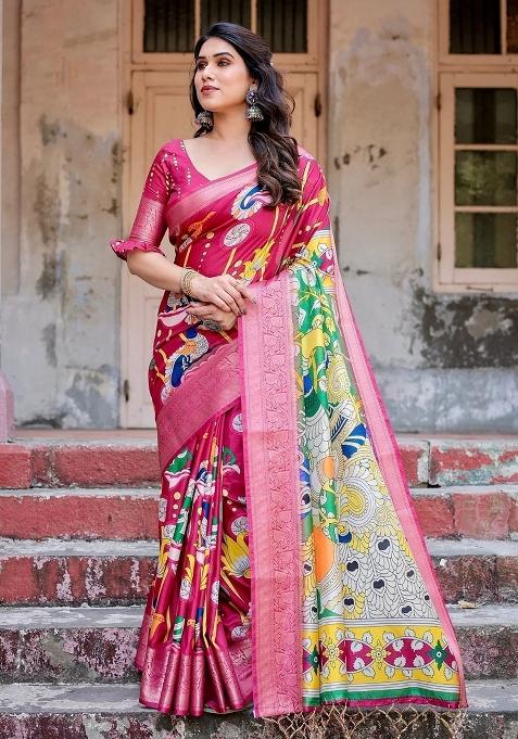 Magenta Floral Tussar Saree Set