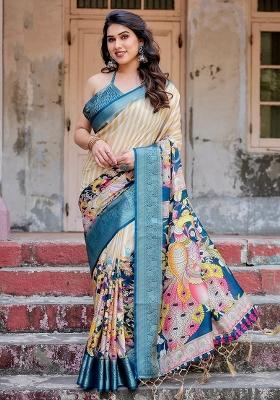 Teal Floral Tussar Saree Set