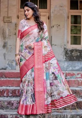 Pink Floral Tussar Saree Set