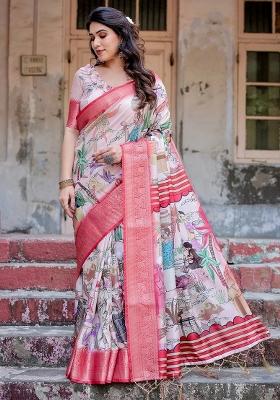 Pink Floral Tussar Saree Set
