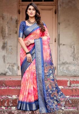 Pink Floral Tussar Saree Set