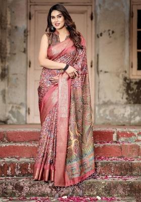 Maroon Floral Tussar Saree Set