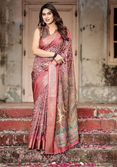 Maroon Floral Tussar Saree Set