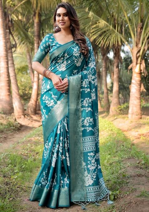 Blue Floral Tussar Saree Set