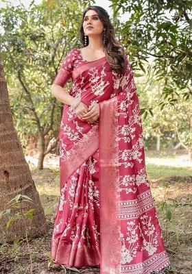 Maroon Floral Tussar Saree Set