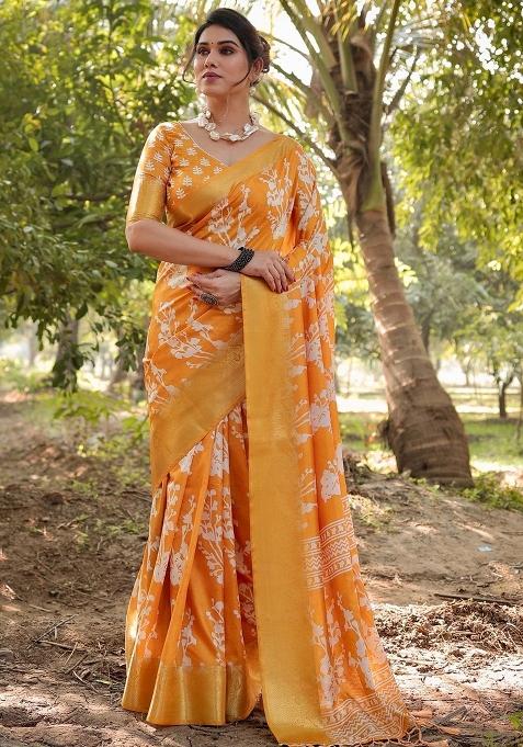 Yellow Floral Tussar Saree Set