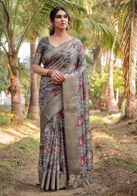 Grey Floral Tussar Saree Set