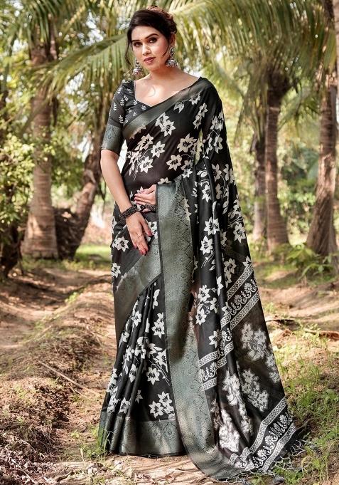 Black Floral Tussar Saree Set