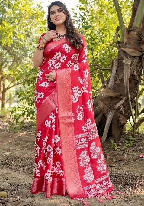 Red Floral Tussar Saree Set