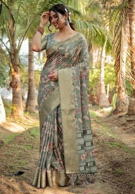 Olive Floral Tussar Saree Set
