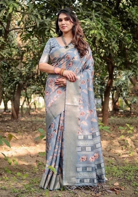 Sky Floral Tussar Saree Set