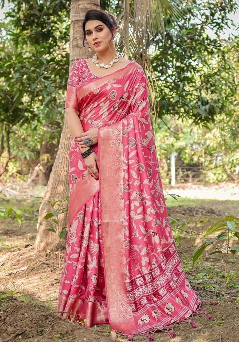 Pink Floral Tussar Saree Set