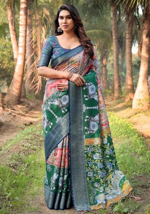 Multicolor Floral Tussar Saree Set