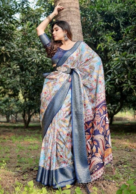 Blue Floral Tussar Saree Set