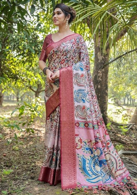 Pink Floral Tussar Saree Set