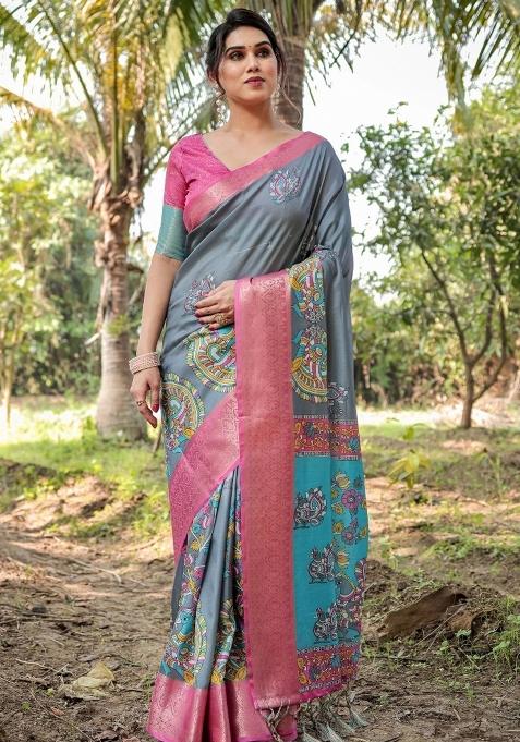 Grey Floral Tussar Saree Set