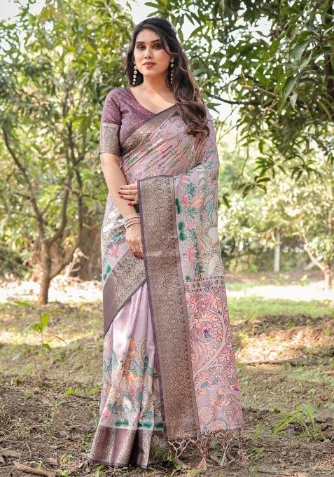 Lilac Floral Tussar Saree Set